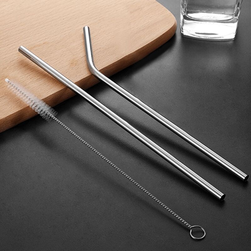 Ekstra Uzun Paslanmaz Çelik Pipet Seti - 3 Parça (Eğri + Düz + Fırça)