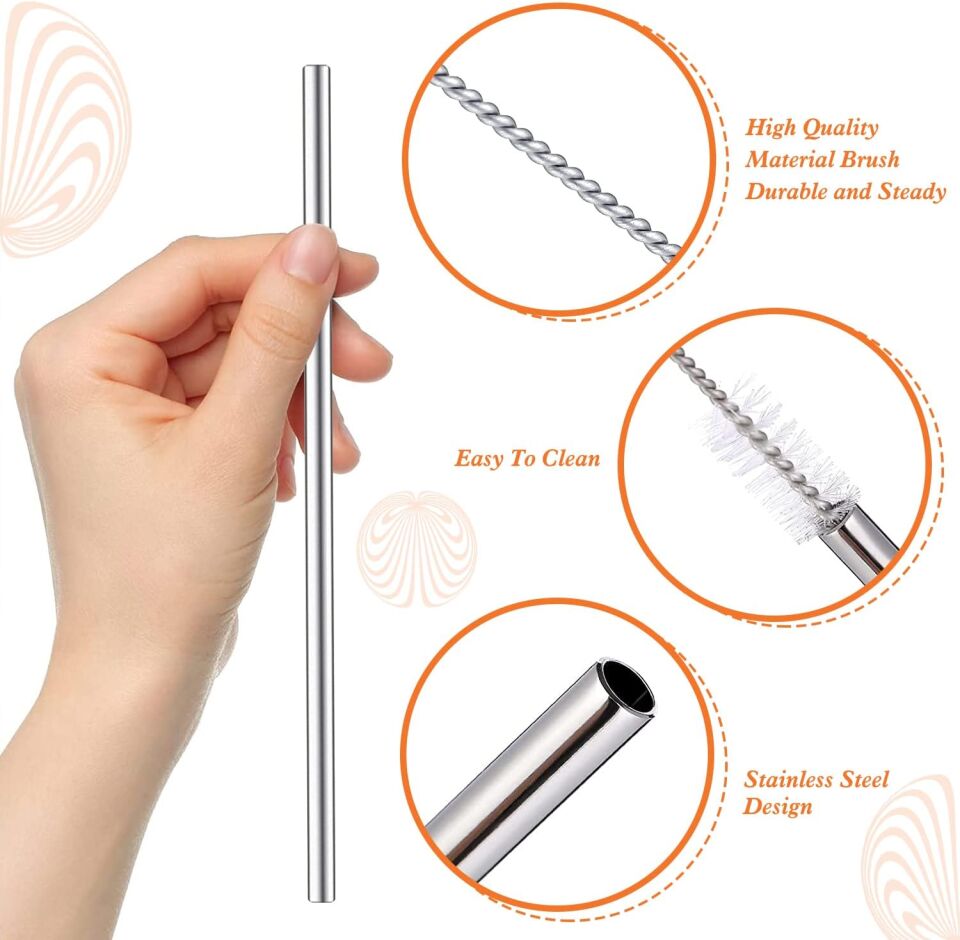 Ekstra Uzun Paslanmaz Çelik Pipet Seti - 3 Parça (Eğri + Düz + Fırça)