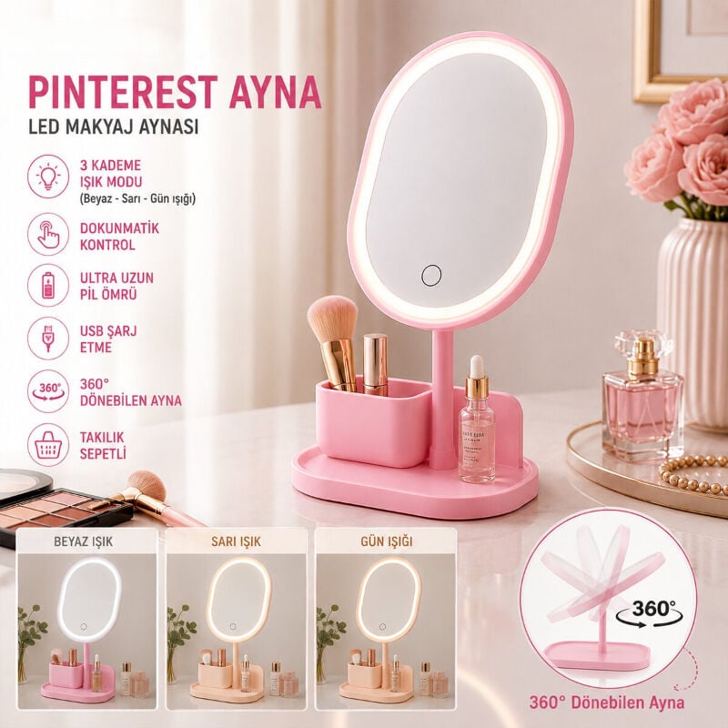 Işıklı Oval Makyaj Aynası - Dokunmatik - USB Şarjlı - 3 Kademe Işık Seviyesi - Takı Tepsili