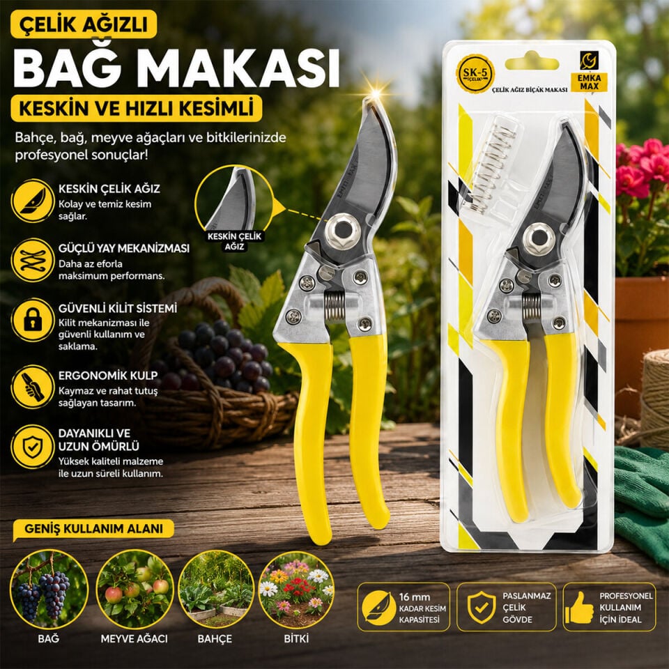 Çelik Ağızlı Bağ Makası - Güvenli Kilit Sistemi - Ergonomik Kulp
