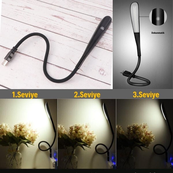 Kompakt USB Siyah 14 Ledli 3 Kademeli Dokunmatik Okuma Lambası