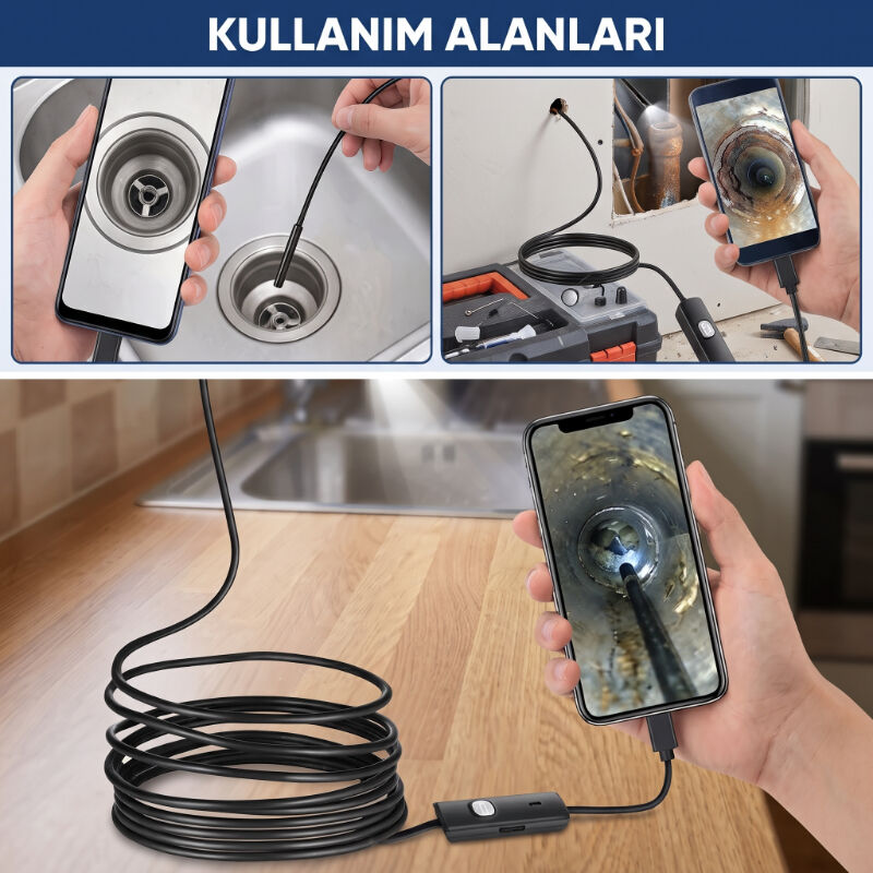 3 Metre Yılan Kamera - Android Destekli - LED Işıklı - IP67 Su Geçirmez