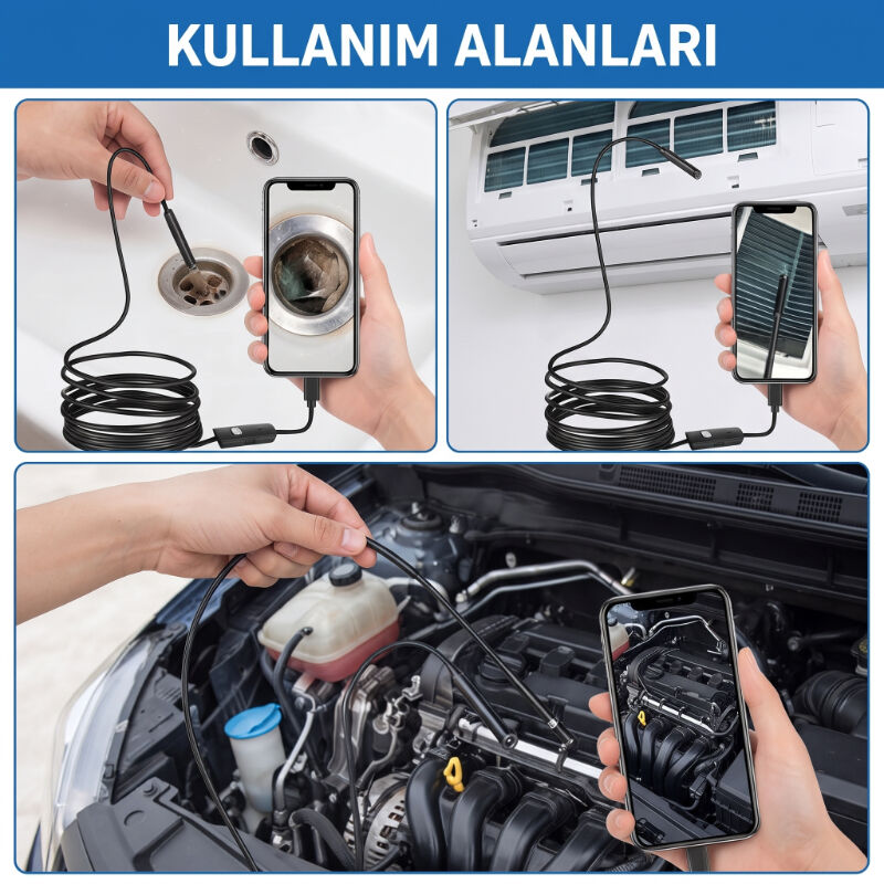 3 Metre Yılan Kamera - Android Destekli - LED Işıklı - IP67 Su Geçirmez