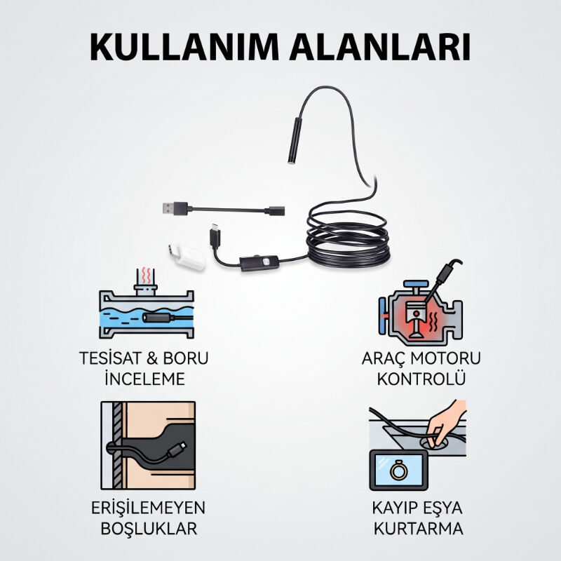 5 Metre Yılan Kamera - LED Işıklı - IP67 Su Geçirmez - 3 Farklı Başlıklı