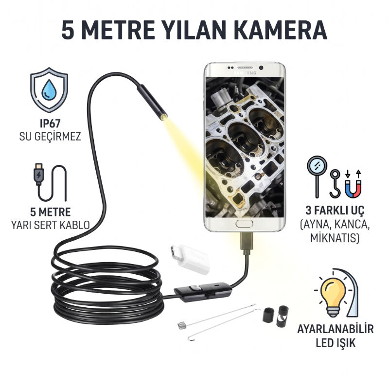 5 Metre Yılan Kamera - LED Işıklı - IP67 Su Geçirmez - 3 Farklı Başlıklı