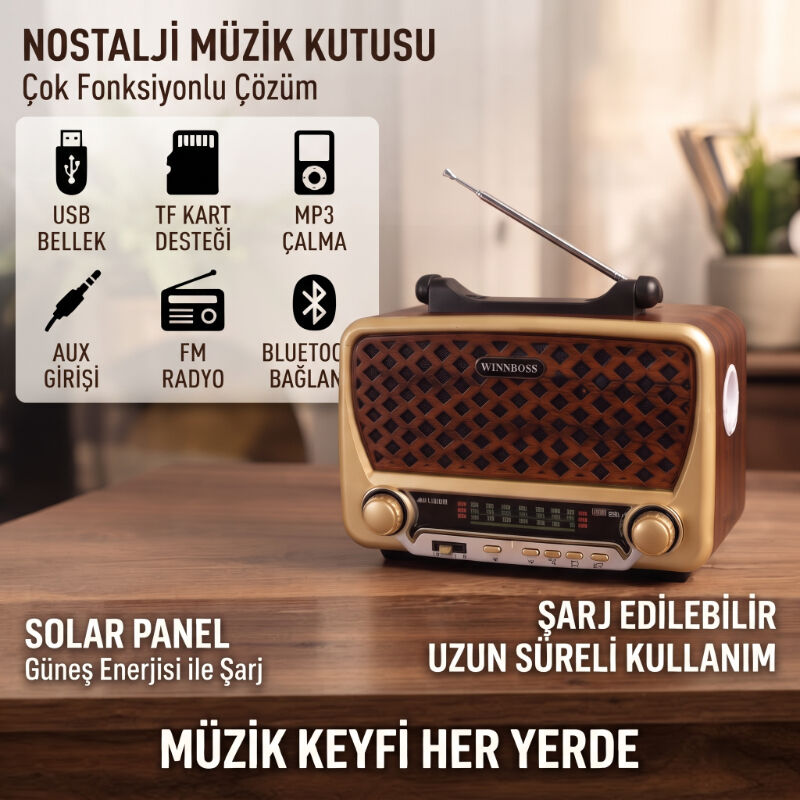 Nostalji Müzik Kutusu - Solar Panelli - Şarjlı - AUX Girişi - LED Fener - Bluetooth