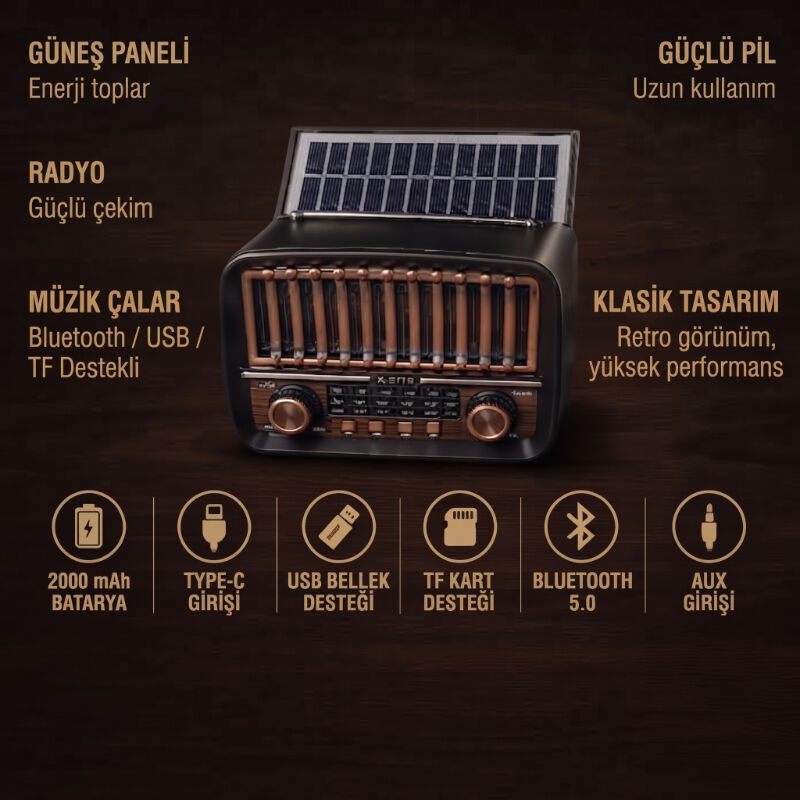 Solar Panelli FM Radyo - Şarjlı - Bluetooth Özellikli - AUX Girişli - Nostaljik Tasarım