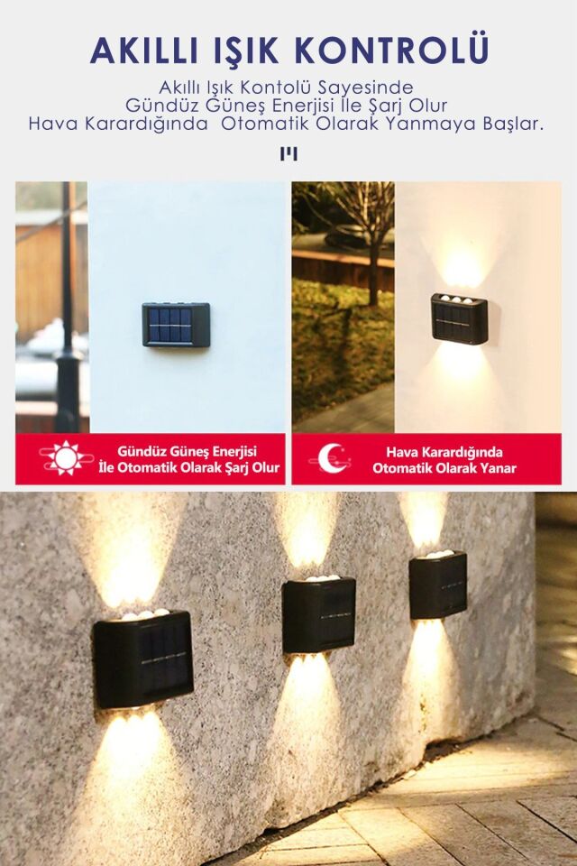 2'li Set Solar Duvar Lambası - 6 Ledli Aplik - Gün Işığı Rengi - IP65 Su Geçirmez