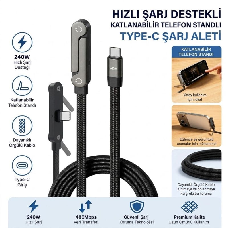 Örgülü Type-C to Type-C Şarj Kablosu - Katlanabilir Telefon Standlı - Hızlı Şarj Destekli - 240W
