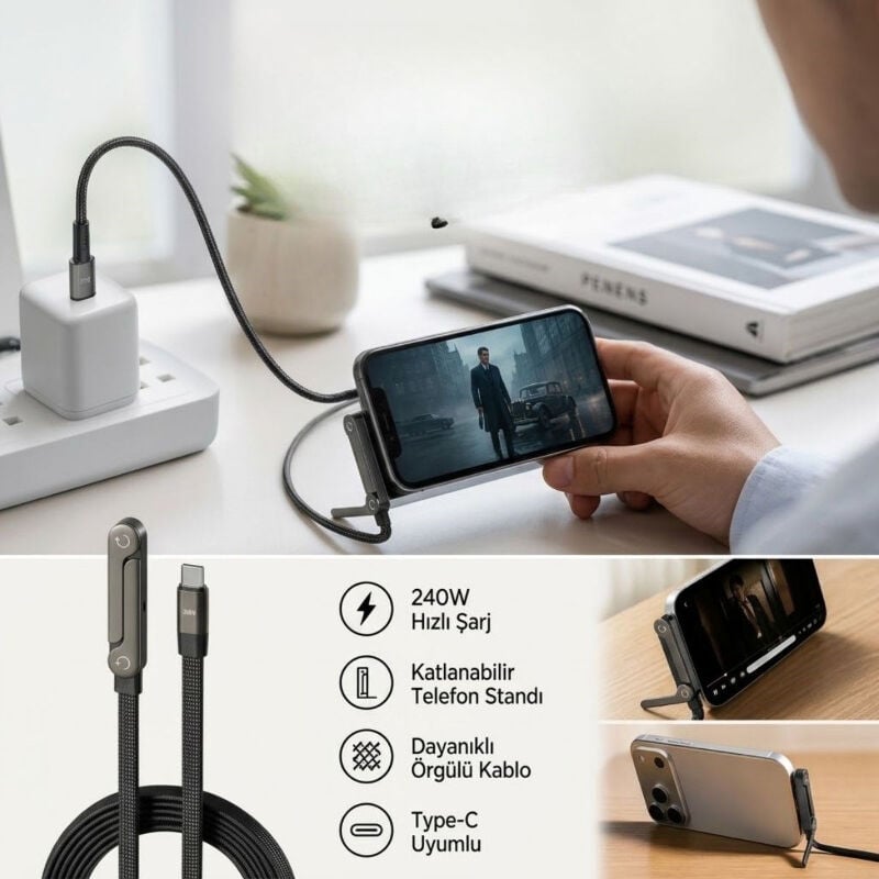 Örgülü Type-C to Type-C Şarj Kablosu - Katlanabilir Telefon Standlı - Hızlı Şarj Destekli - 240W