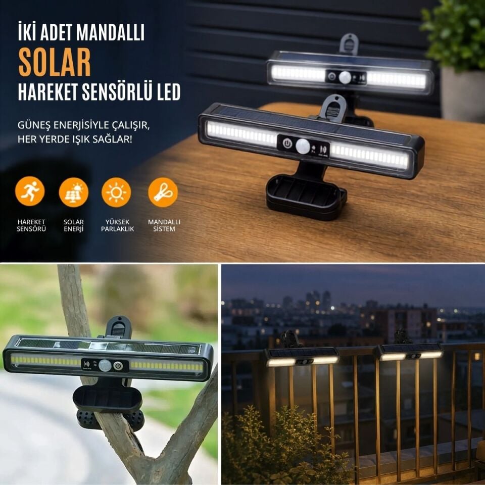 2'li Mandallı LED Solar Lamba - 36 LED - Hareket Sensörlü - 3 Modlu