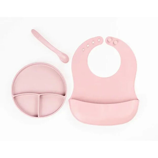 Pembe 3 lü Silikon Yemek Seti - Önlük + Diş Kaşıyıcılı Kaşık + Vakumlu Tabak