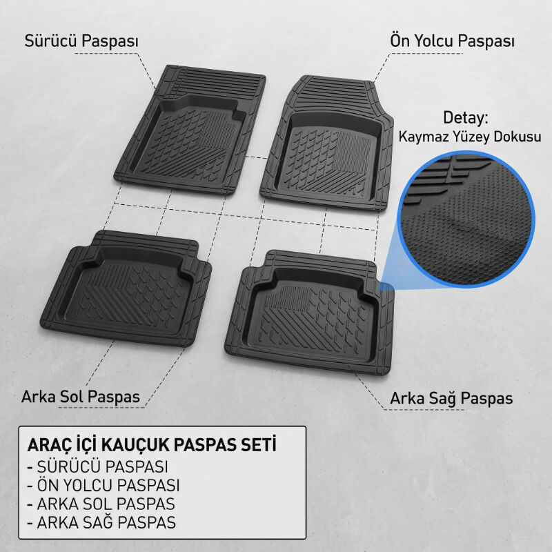 Araç İçi Paspas Seti - 4'lü Set - Karışık Desenler - Kauçuk - Kaymaz Yüzey