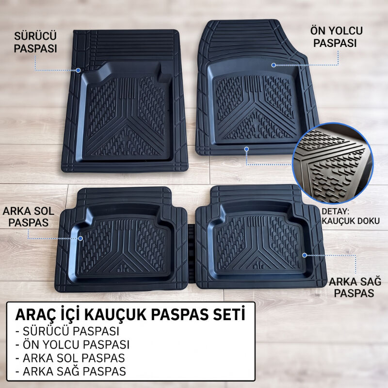 Araç İçi Paspas Seti - 4'lü Set - Karışık Desenler - Kauçuk - Kaymaz Yüzey