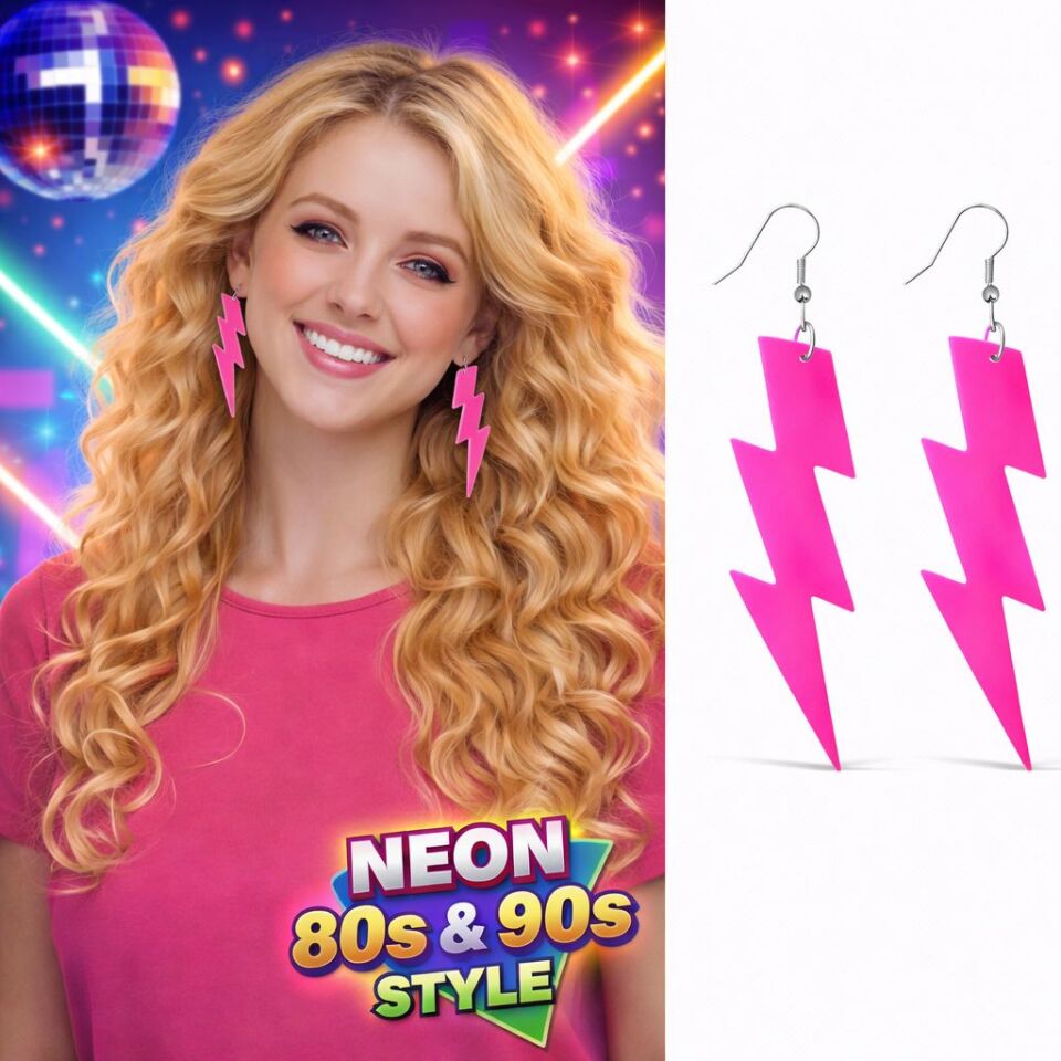 80 ler 90'lar Retro Neon Pembe Şimşek Küpe 10 cm