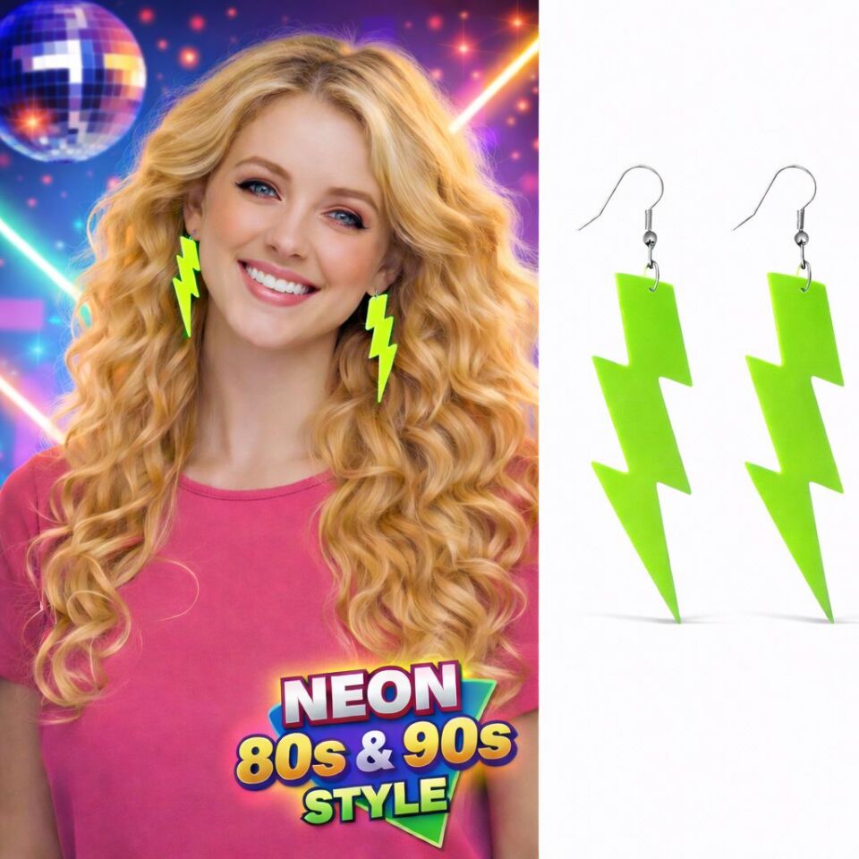 80 ler 90'lar Retro Neon Yeşil Şimşek Küpe 10 cm