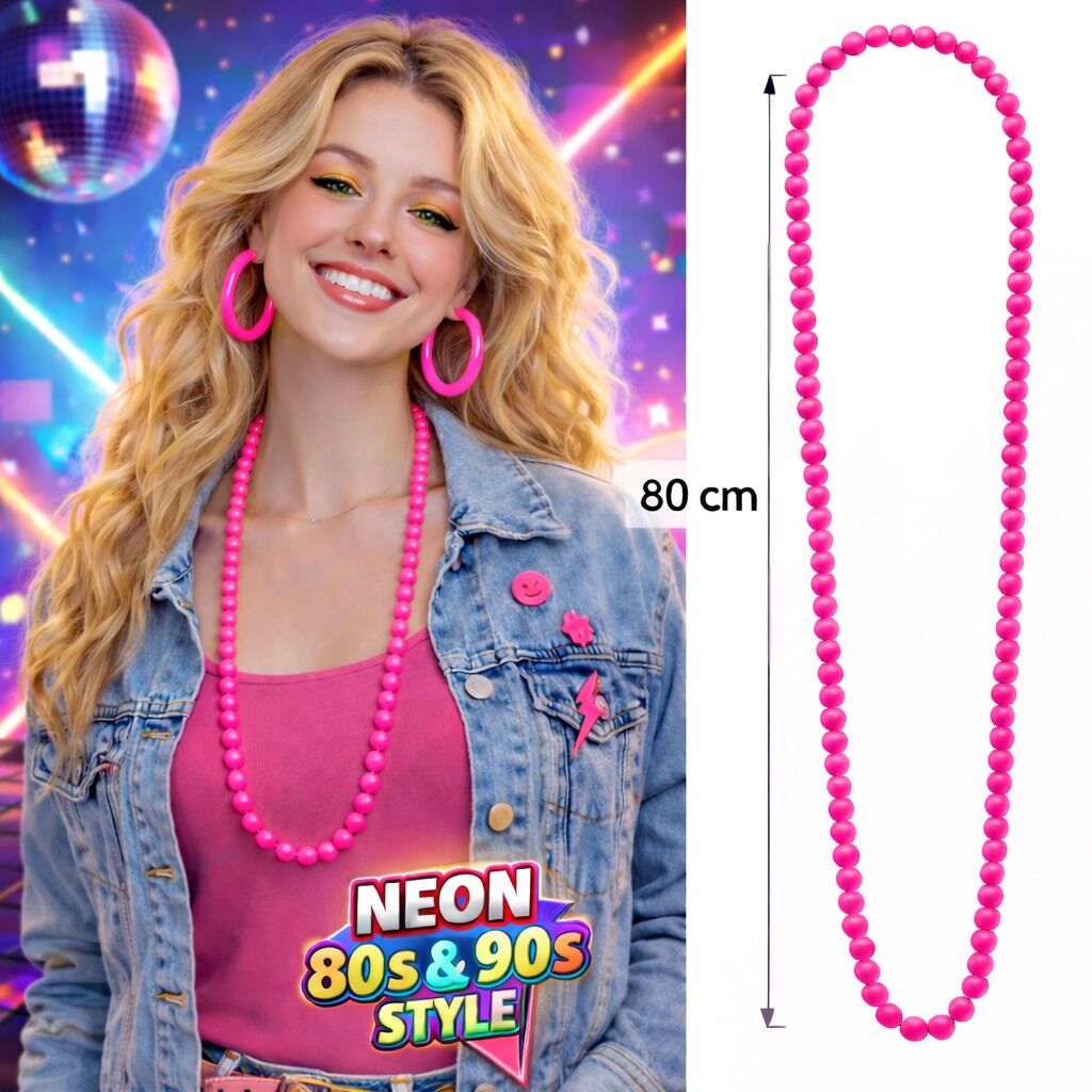 Neon Pembe Boncuk Kolye 80 cm - Retro 80 ler 90 lar Parti Aksesuarı