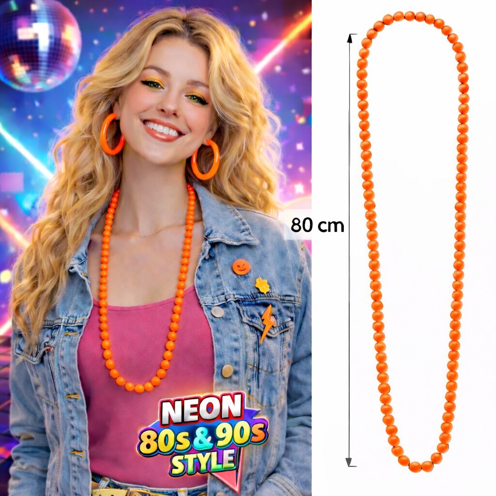 Neon Turuncu Boncuk Kolye 80 cm - Retro 80 ler 90 lar Parti Aksesuarı