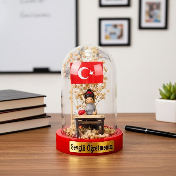 Türk Bayraklı Sıralı Ters Fanus - Öğretmenler Günü Hediyesi