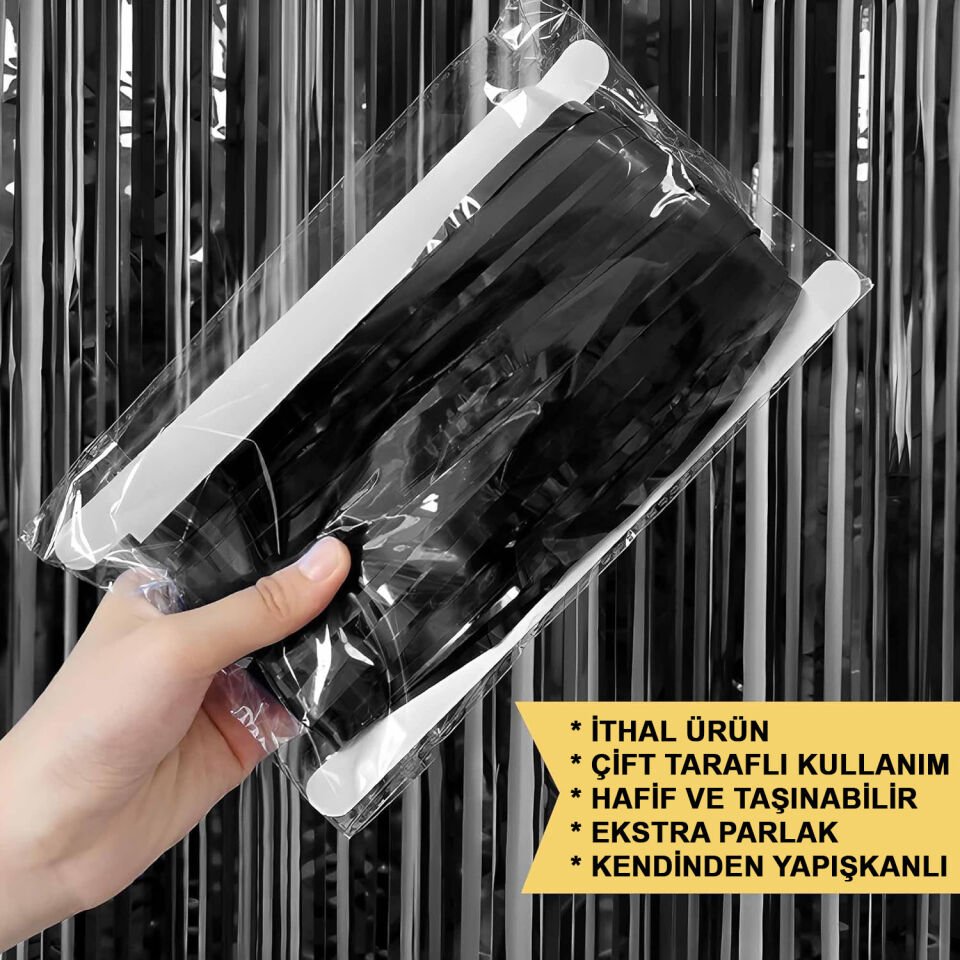 Ekstra Metalize Parlak Saçaklı Arka Fon Perde Siyah