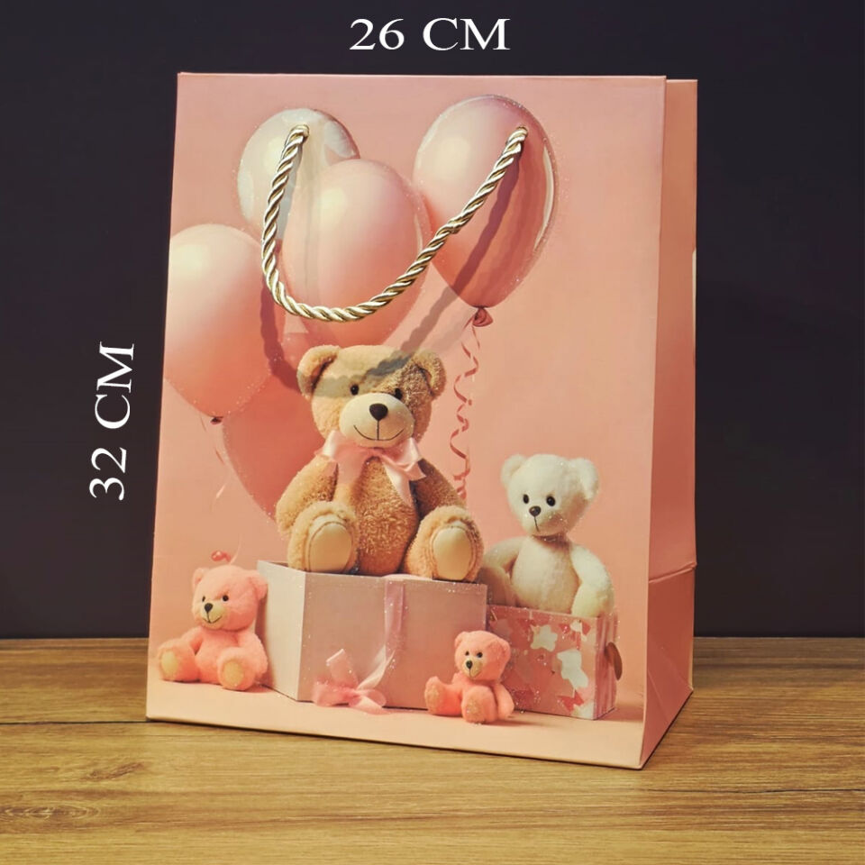 Ayıcık Desenli Pembe Büyük Boy Karton Hediye Çantası