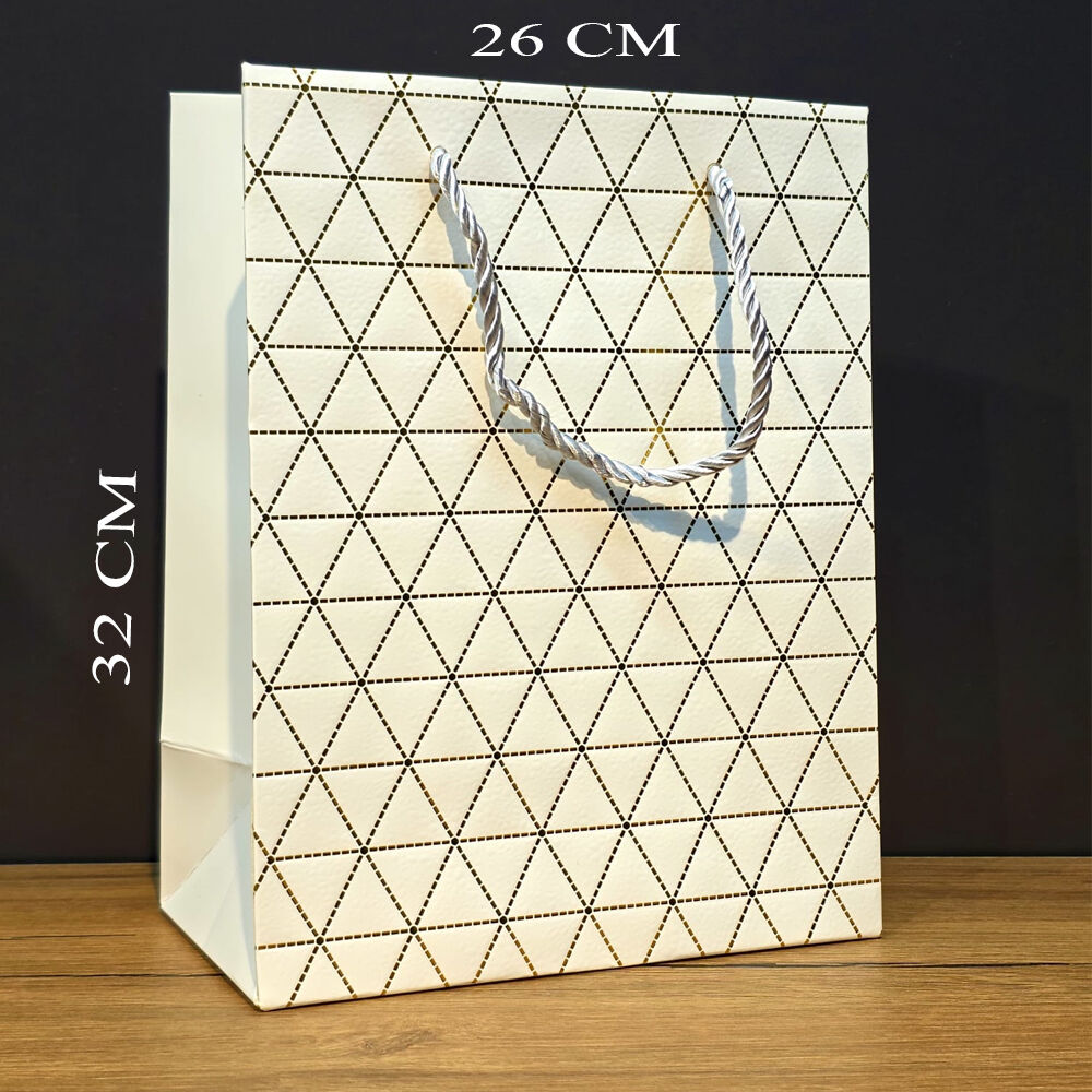 Beyaz Geometrik Desenli Büyük Boy Karton Hediye Çantası