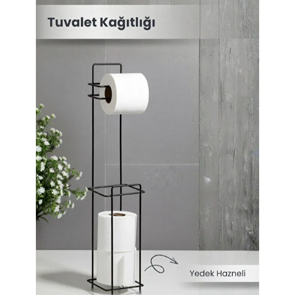 Siyah Standlı Yedek Hazneli Tuvalet Kağıtlığı
