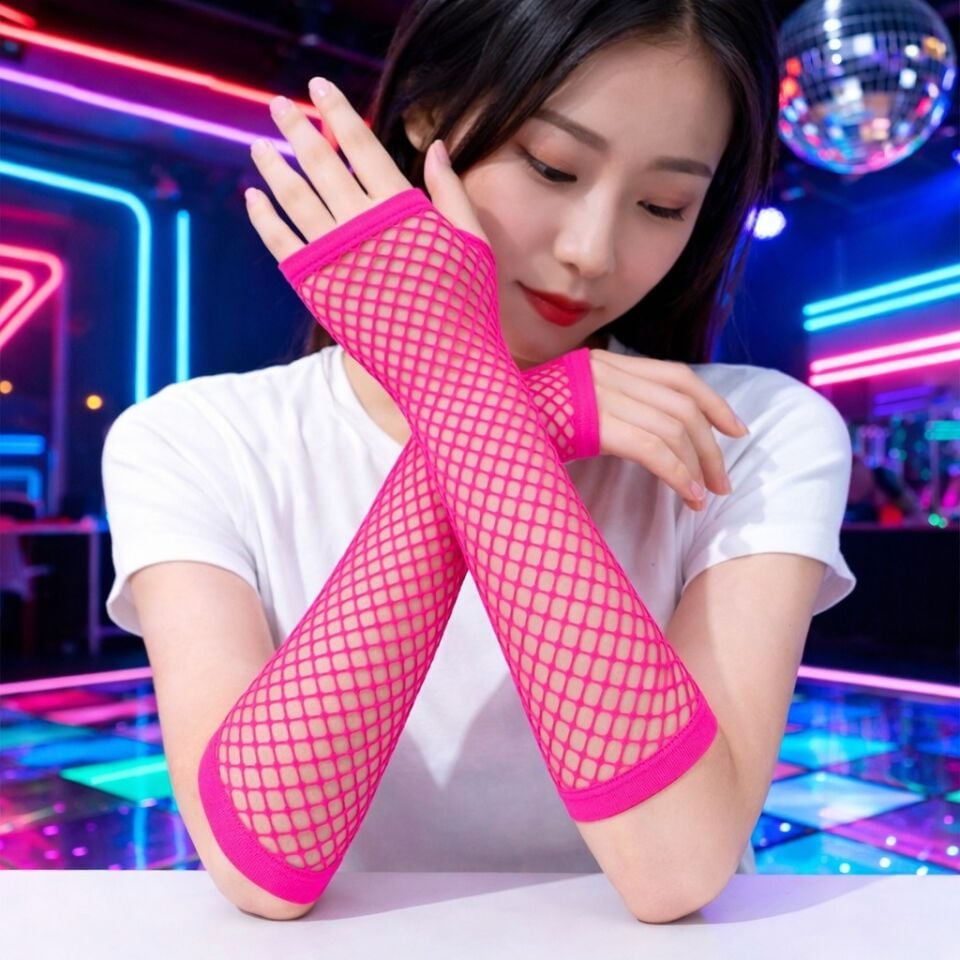 Retro Neon Fuşya File Parmaksız Eldiven 26 cm