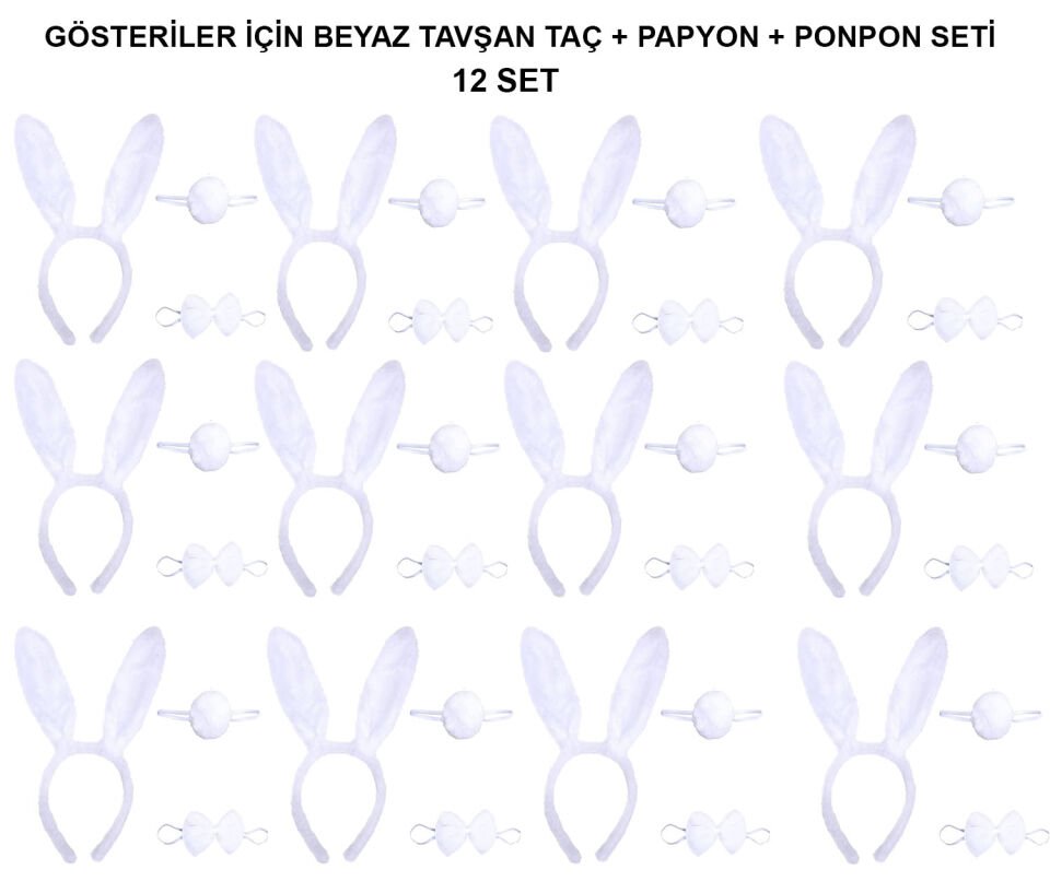 Beyaz Tavşan Kostüm Seti – Taç, Papyon, Kuyruk (12’li Paket)