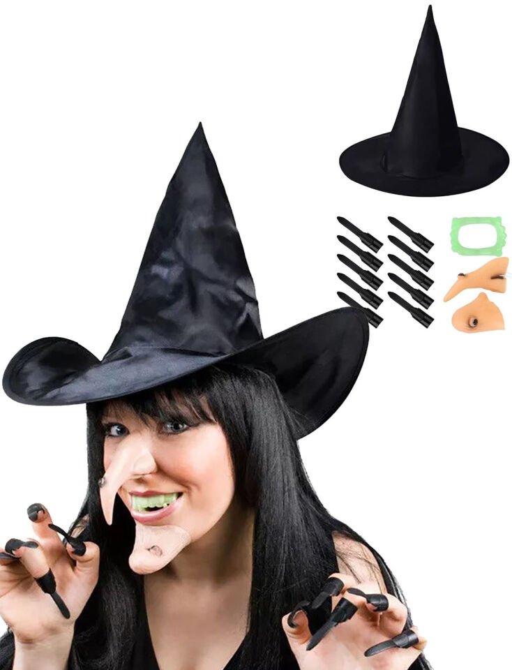 Cadı Kostüm Seti - Cadı Şapkası, Cadı Tırnakları, Cadı Burnu, Cadı Çenesi, Cadı Dişi