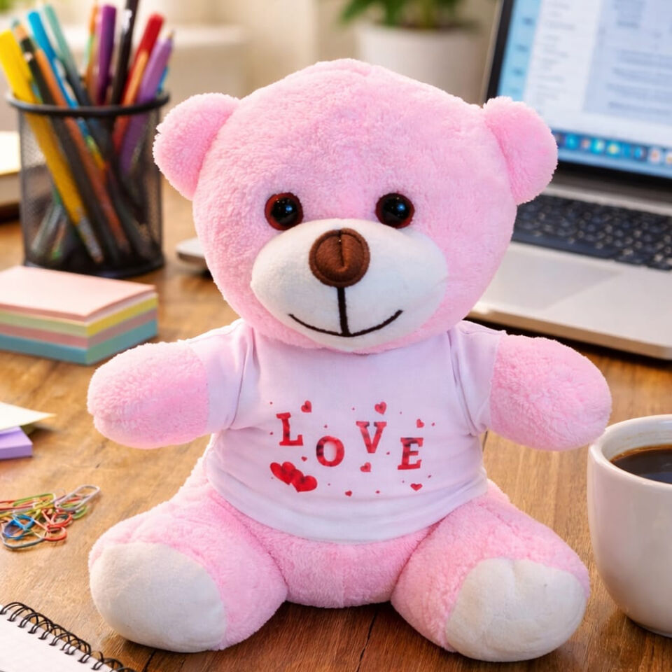 Love Tişörtlü Pembe Peluş Ayıcık