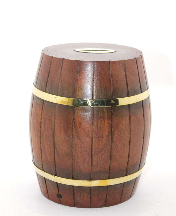 Pirinç Ahşap Fıçı Kumbara 18 Cm
