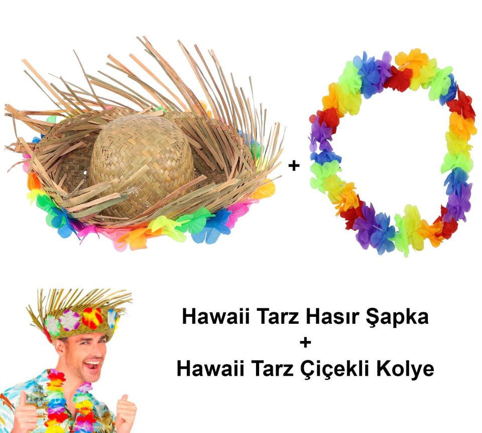 Hawaii Tarzı Set - Tropikal Çiçekli Hasır Şapka ve Çiçekli Hawaii Kolye