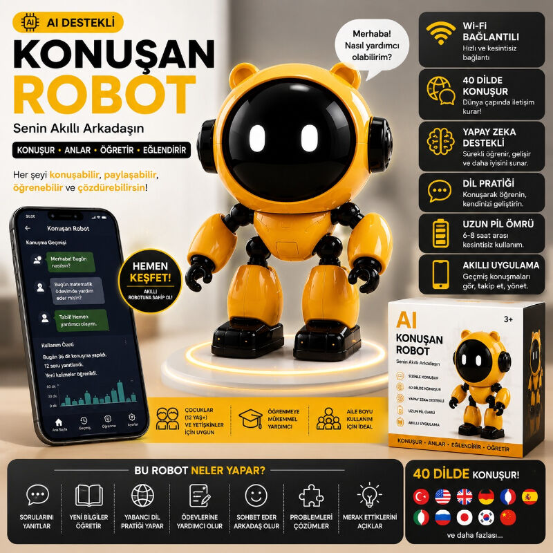 Yapay Zeka Robotu - Konuşan Robot Oyuncak - Wi-Fi Uygulamalı - Çocuklar İçin Eğitici Oyuncak