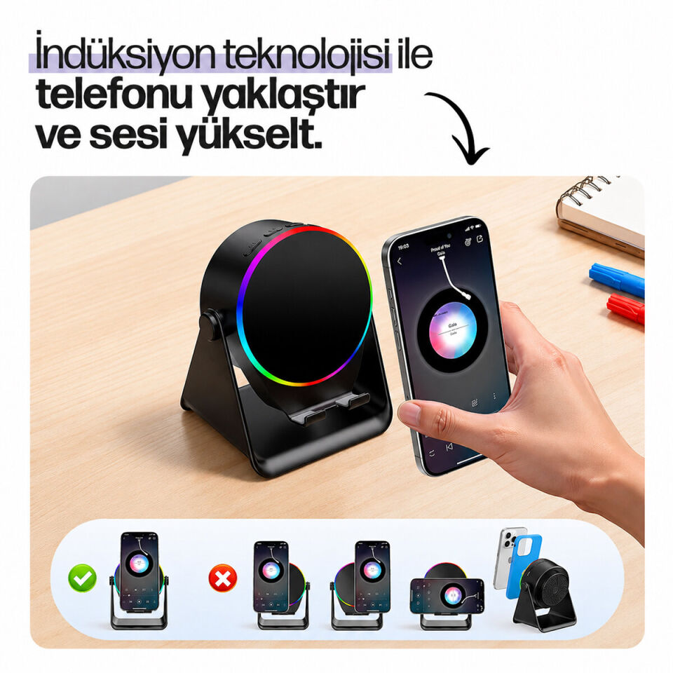 SoundPad Bluetooth Hoparlör - İndüksiyon Temas Özellikli - Telefon Standlı - Type-C Şarj - RGB Ambiyans Aydınlatma