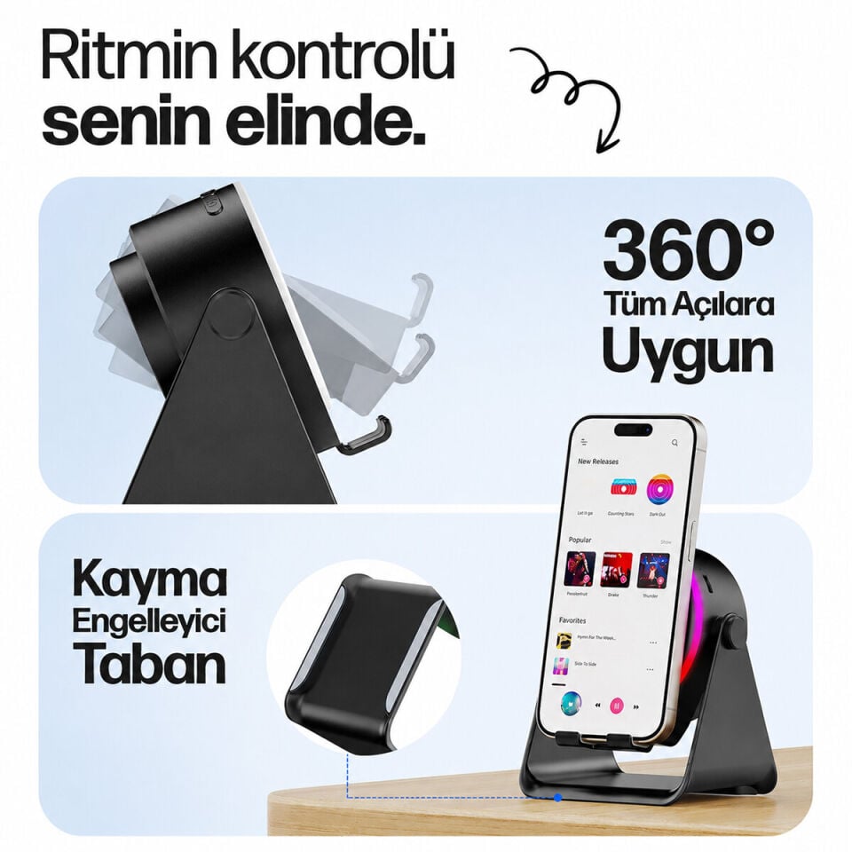 SoundPad Bluetooth Hoparlör - İndüksiyon Temas Özellikli - Telefon Standlı - Type-C Şarj - RGB Ambiyans Aydınlatma
