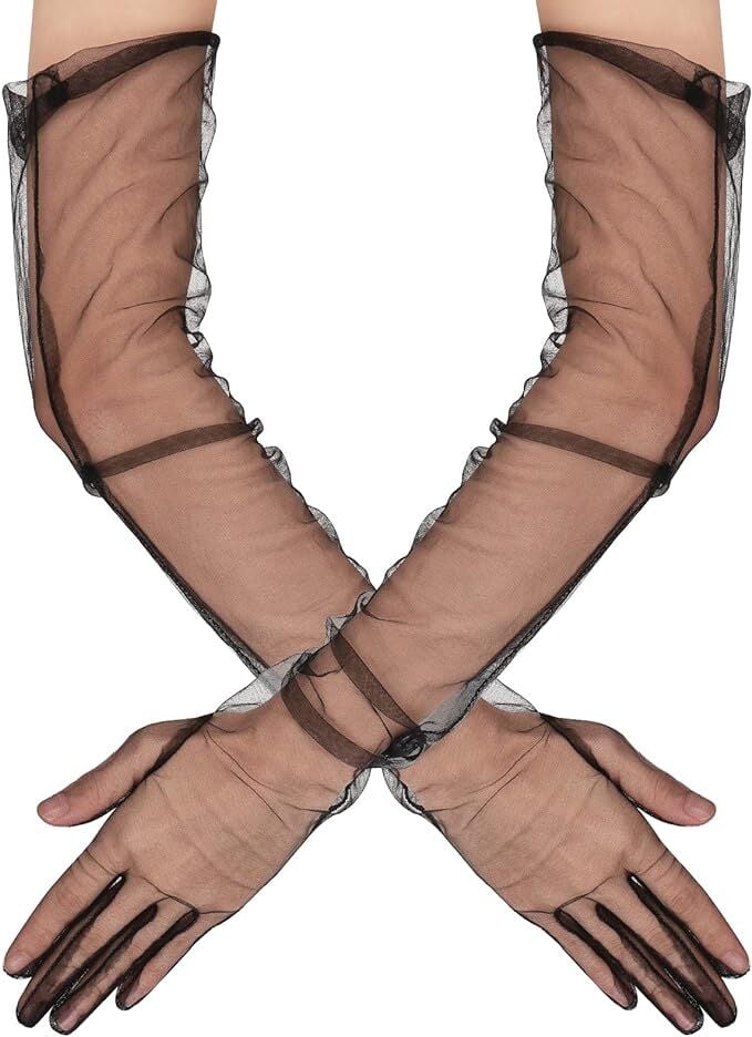 Uzun Boy Likralı Siyah Yetişkin Mega Tül Eldiven