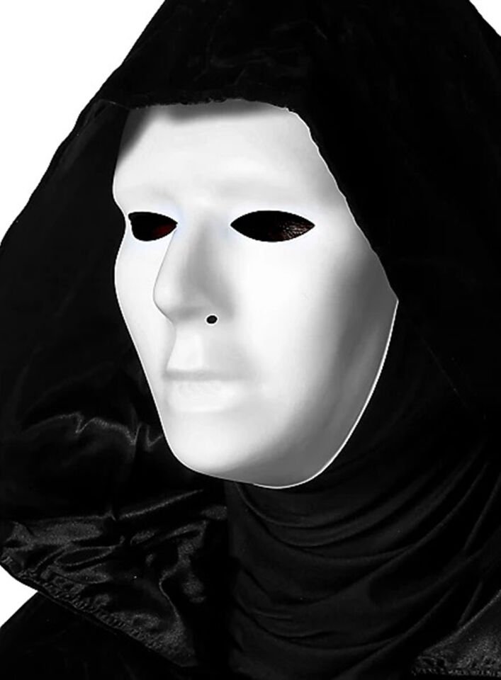 Siyah Kapüşonlu 120 cm Pelerin ve Beyaz Boyanabilir Tam Yüz Maske